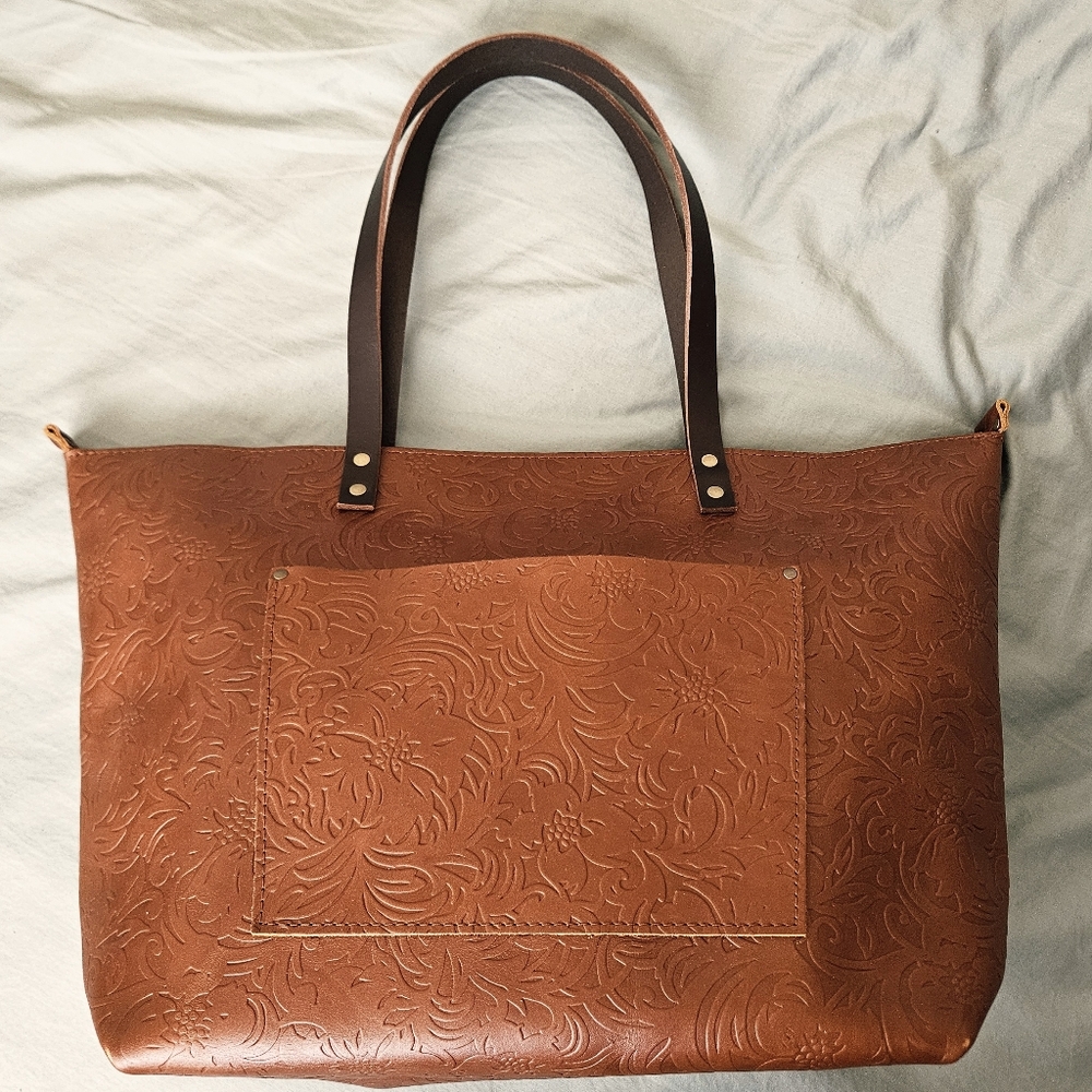*SOLD* Portland Leather Embossed Brown Tote Zipper Bag